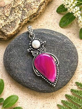 Botswana Pink Agate & Natural Pearl 2.5” Gemstone Sterling Silver Pendant
